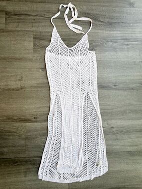 White Netted Swim Cover Up Halter Beach Vacation Bikini Coverup S